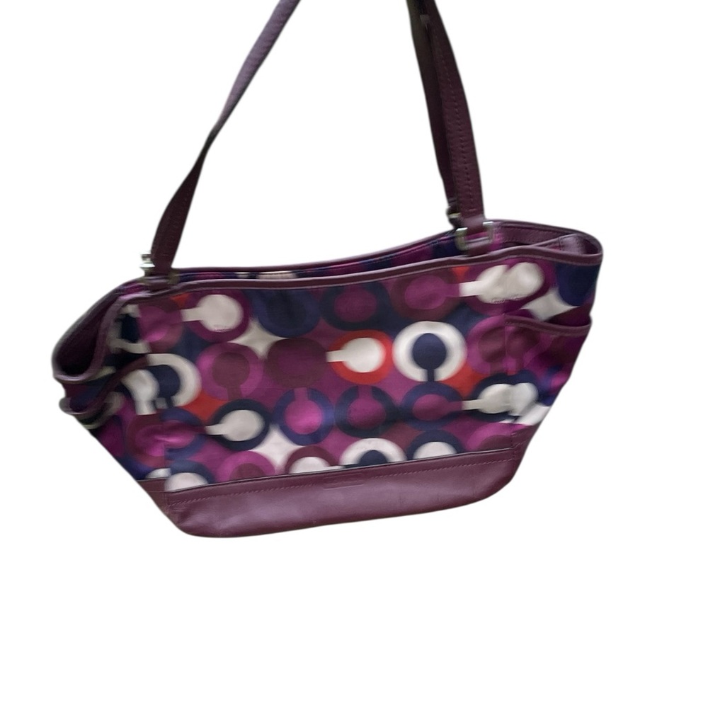 Coach signature scarf print  Purple Patterned Tote Bag leather trim 18 X 9 - Picture 2 of 7